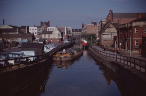Loaded barge 'Till' on the River Witham in Lincoln city centre, 1966
